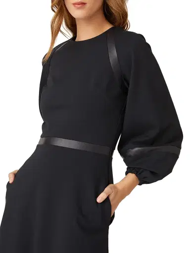 Shoshanna Women's Elsy Faux Leather-Trim Dress - Ink | Thumbnail 5 Shoshanna Women's Elsy Faux Leather-Trim Dress - Ink | Thumbnail 5