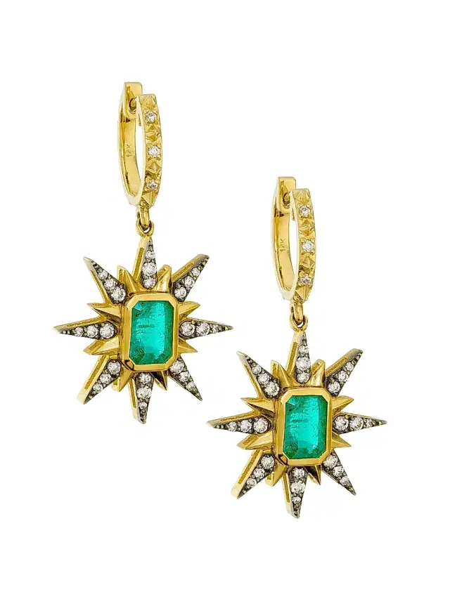 Women's Minerva 14K Yellow Gold, Emerald & 0.56 TCW Diamond Starburst Drop Earrings - Gold Women's Minerva 14K Yellow Gold, Emerald & 0.56 TCW Diamond Starburst Drop Earrings - Gold