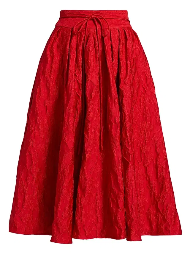 Women's Floral Cloque Tie Pleated Midi-Skirt - Red