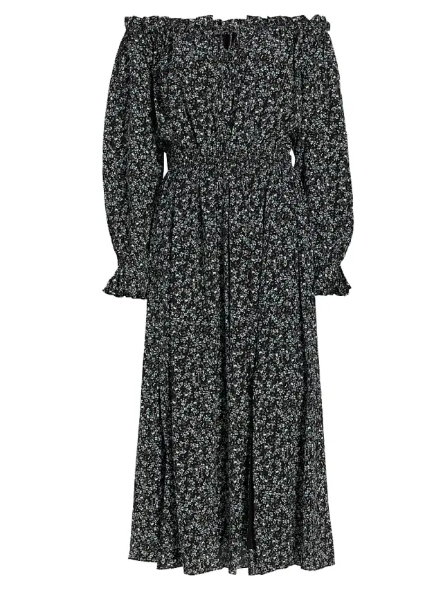 Elie Tahari Women's Night Floral Silk Off-The-Shoulder Midi-Dress - Night Floral Print