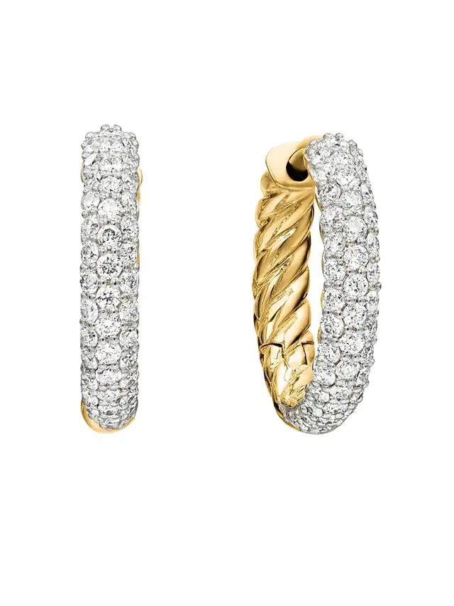 David Yurman Women's Petite Pavé Huggie Hoop Earrings in 18K Yellow Gold with Diamonds, 14mm