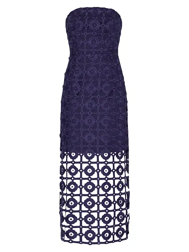 Milly Women's Kait Strapless Tiled Lace Midi-Dress - Navy