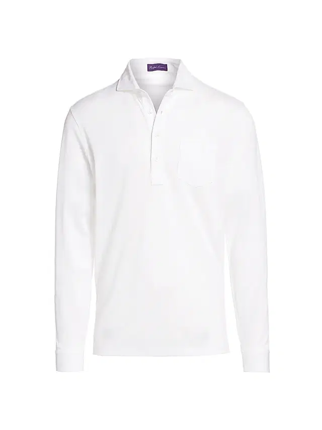 Men's Washed Non-Logo Long Sleeve Polo - White