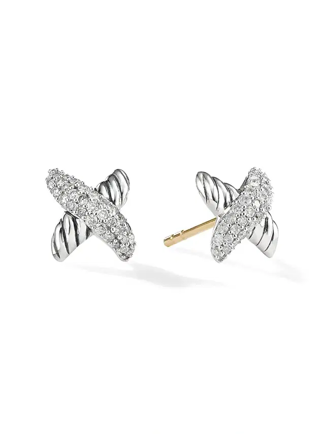 Women's Petite X Stud Earrings in Sterling Silver with Diamonds, 8.4mm - Silver