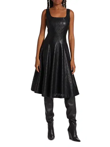 Elie Tahari Women's Perforated Faux Leather Fit & Flare Dress - Noir | Thumbnail 3