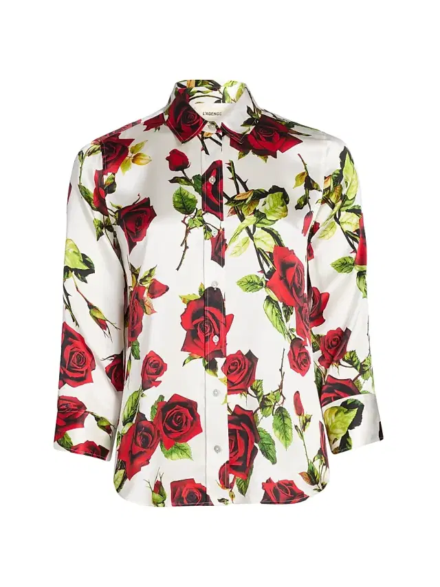 Women's Dani Rose Printed Silk Blouse - White Red Romantic Rose