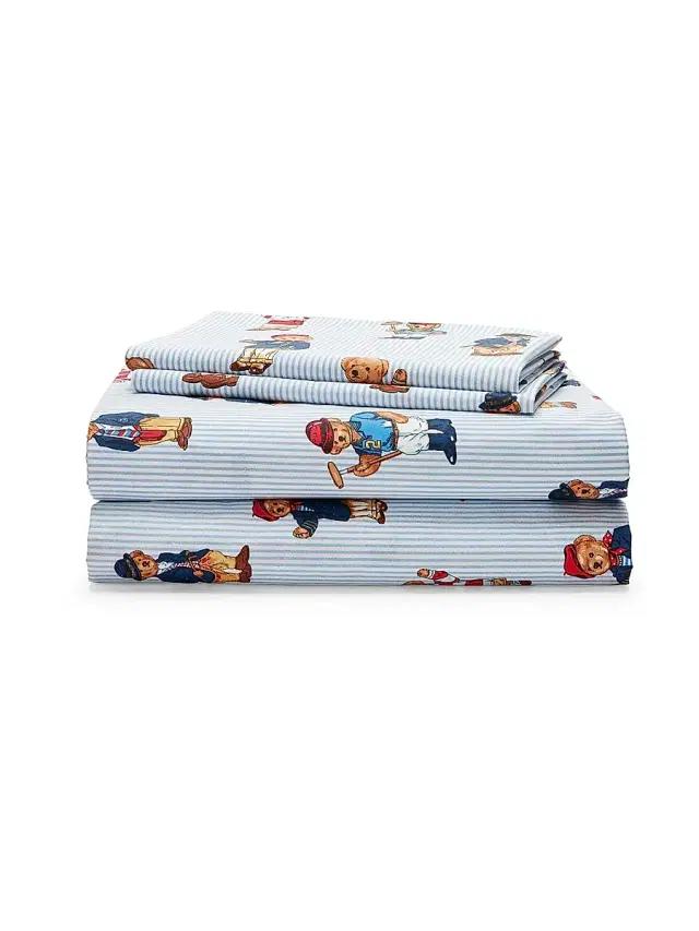 Ralph Lauren Teddy Bear Stripe 4-Piece Sheeting Set - Blue Queen