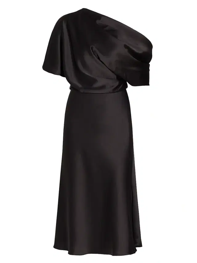 Women's Draped Satin One-Shoulder Midi-Dress - Black