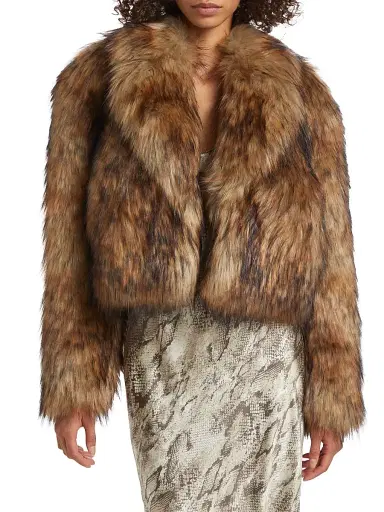 L'AGENCE Women's Aura Faux-Fur Cropped Jacket - Tan Black Faux Fur | Thumbnail 3 L'AGENCE Women's Aura Faux-Fur Cropped Jacket - Tan Black Faux Fur | Thumbnail 3
