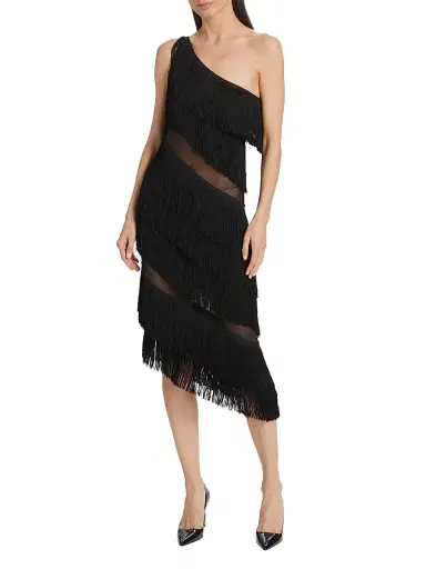 Norma Kamali Women's Spliced One-Shoulder Fringe Midi-Dress - Black | Thumbnail 2