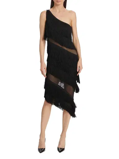 Norma Kamali Women's Spliced One-Shoulder Fringe Midi-Dress - Black | Thumbnail 3