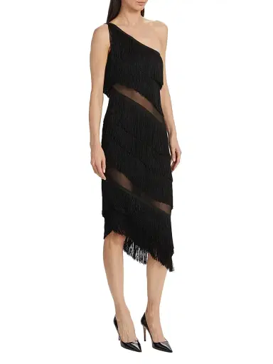 Norma Kamali Women's Spliced One-Shoulder Fringe Midi-Dress - Black | Thumbnail 4