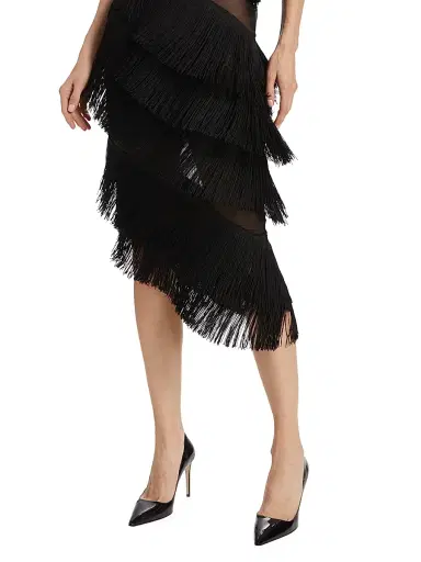 Norma Kamali Women's Spliced One-Shoulder Fringe Midi-Dress - Black | Thumbnail 6