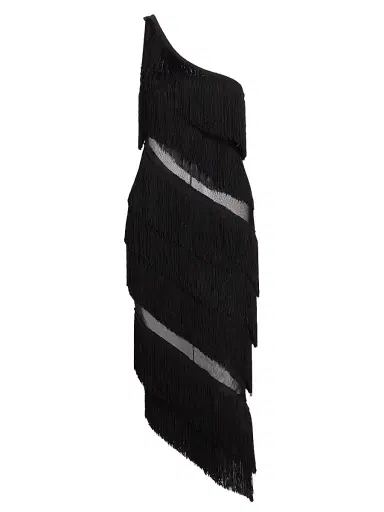 Norma Kamali Women's Spliced One-Shoulder Fringe Midi-Dress - Black | Thumbnail 1