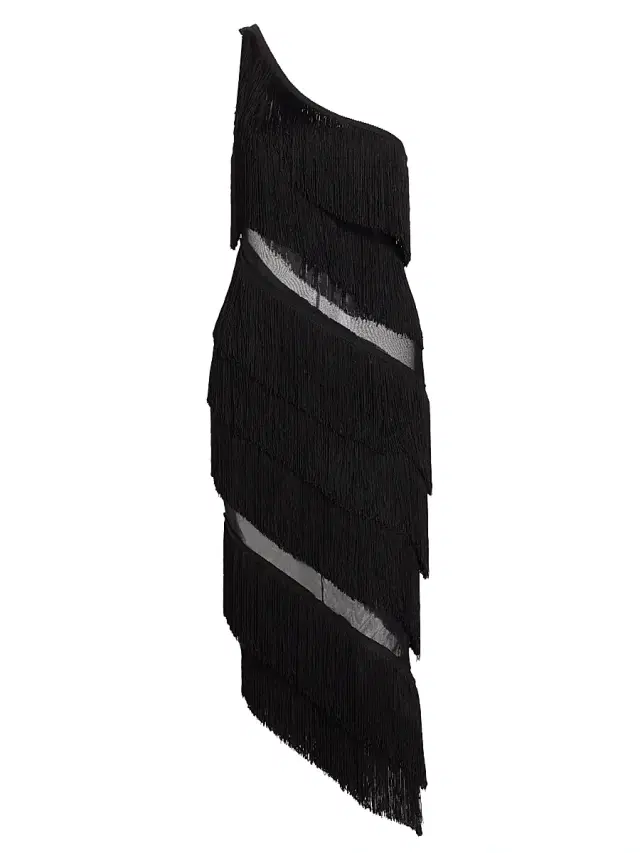 Norma Kamali Women's Spliced One-Shoulder Fringe Midi-Dress - Black