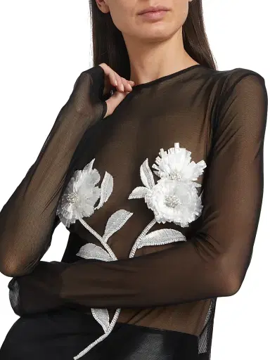 Norma Kamali Women's Floral Embroidered Mesh Top | Thumbnail 6 Norma Kamali Women's Floral Embroidered Mesh Top | Thumbnail 6