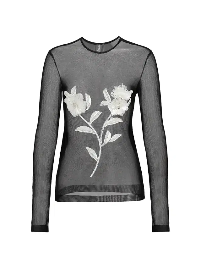 Norma Kamali Women's Floral Embroidered Mesh Top - Black And Snow White