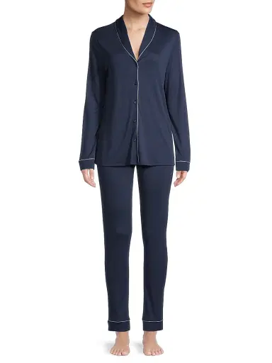 Hanro Women's Natural Comfort 2-Piece Long Pajama Set - Deep Navy - Size Large | Thumbnail 3 Hanro Women's Natural Comfort 2-Piece Long Pajama Set - Deep Navy - Size Large | Thumbnail 3