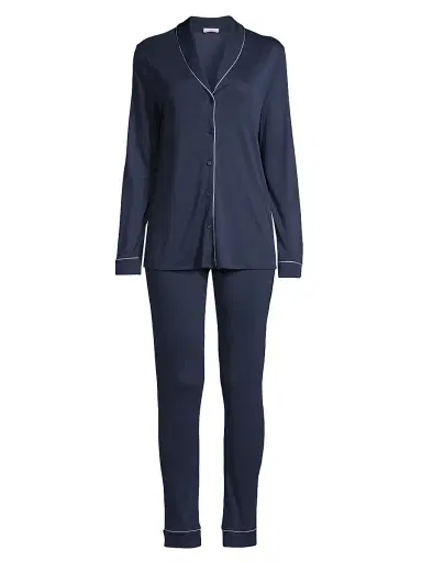 Hanro Women's Natural Comfort 2-Piece Long Pajama Set - Deep Navy - Size Large | Thumbnail 1 Hanro Women's Natural Comfort 2-Piece Long Pajama Set - Deep Navy - Size Large | Thumbnail 1