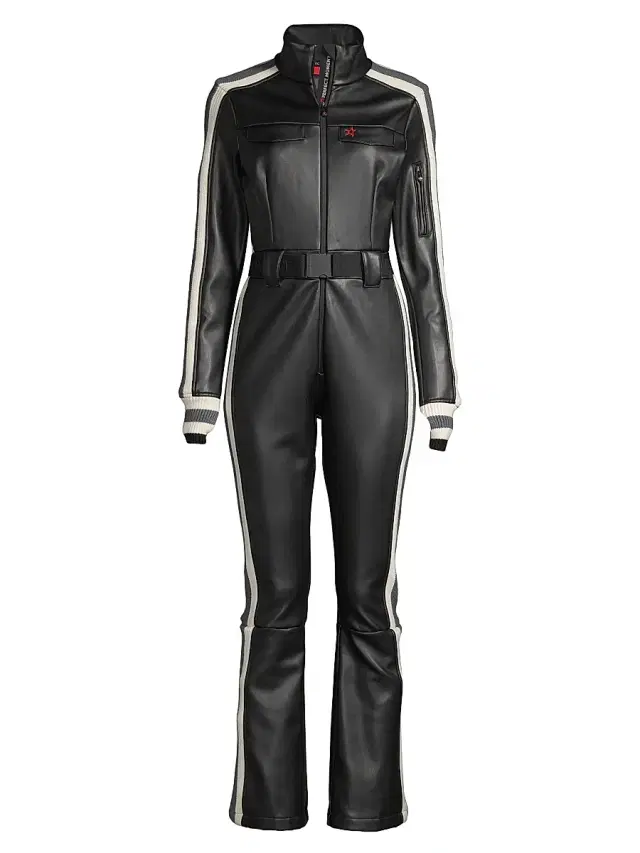 Perfect Moment Women's Crystal Belted Stripe Faux Leather Ski Suit - Black