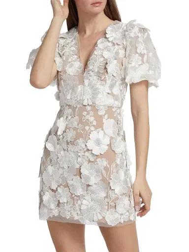 Elliatt Women's Zayla Floral Lace Puff-Sleeve Minidress - Ivory - Size Large | Thumbnail 3