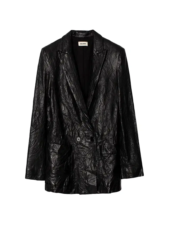 Women's Visko Cuir Froisse Leather Blazer - Noir