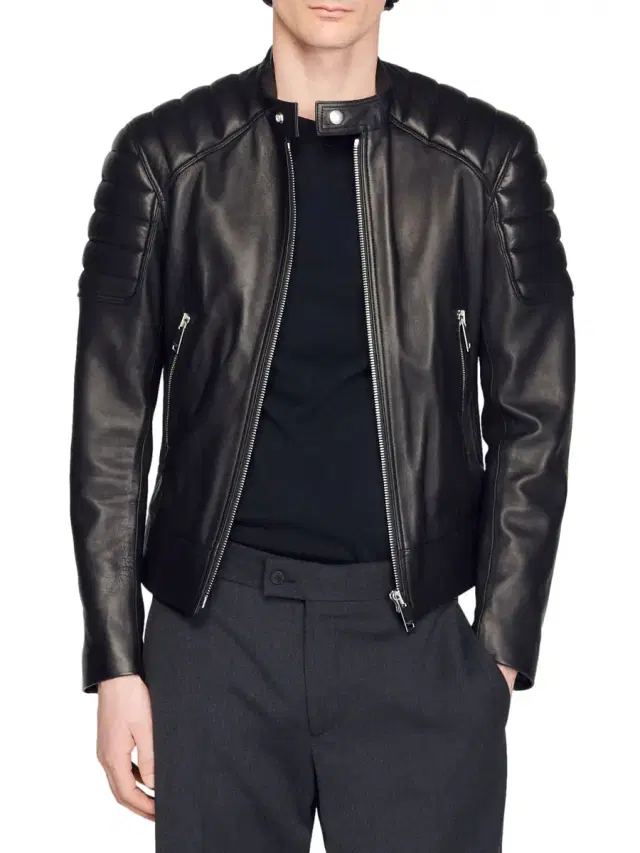 Men's Leather Jacket With Quilted Trims - Black