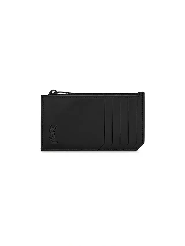 Saint Laurent Men's Tiny Cassandre Fragments Zip Card Case in Matte Leather - Black