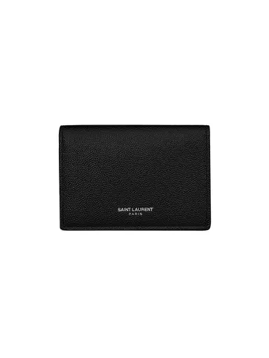 Saint Laurent Men's Business Card Holder with Flap in Grain De Poudre-Embossed Leather - Black | Thumbnail 1