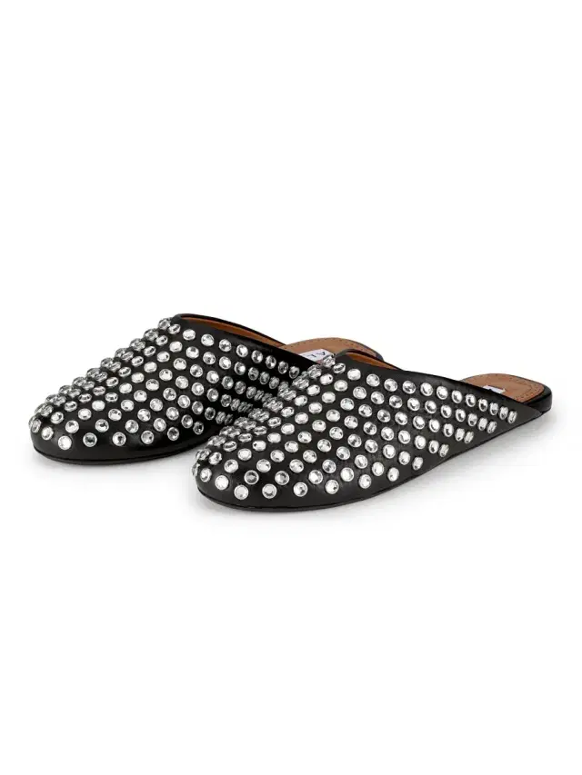 Women's Crystal Stud Leather Flat Mules - Noir