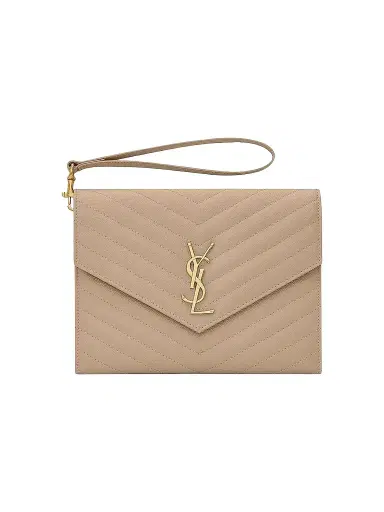 Saint Laurent Women's Cassandre Matelasse Flap Pouch in Quilted Grain De Poudre Embossed Leather - Dark Beige | Thumbnail 1