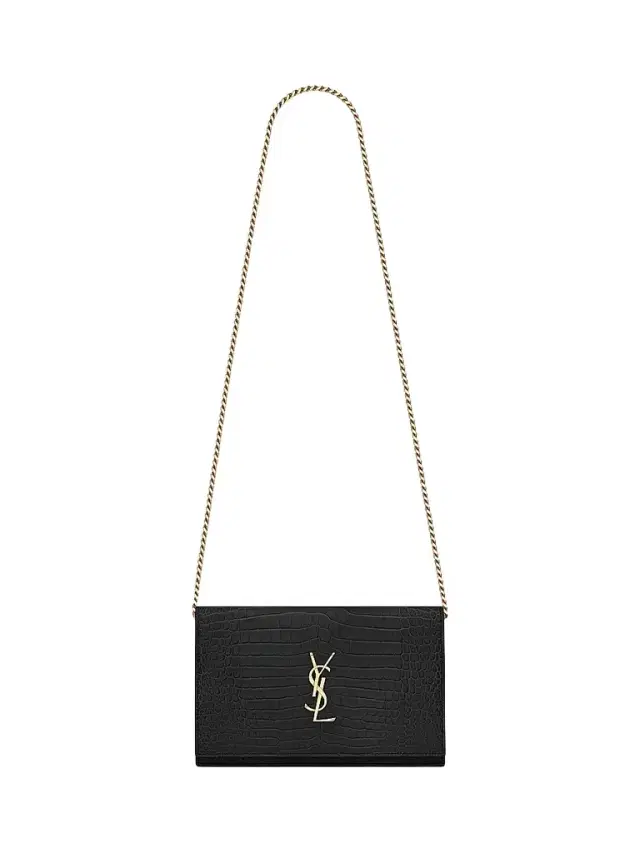 Saint Laurent Women's Cassandre Chain Wallet in Crocodile-Embossed Shiny Leather - Black