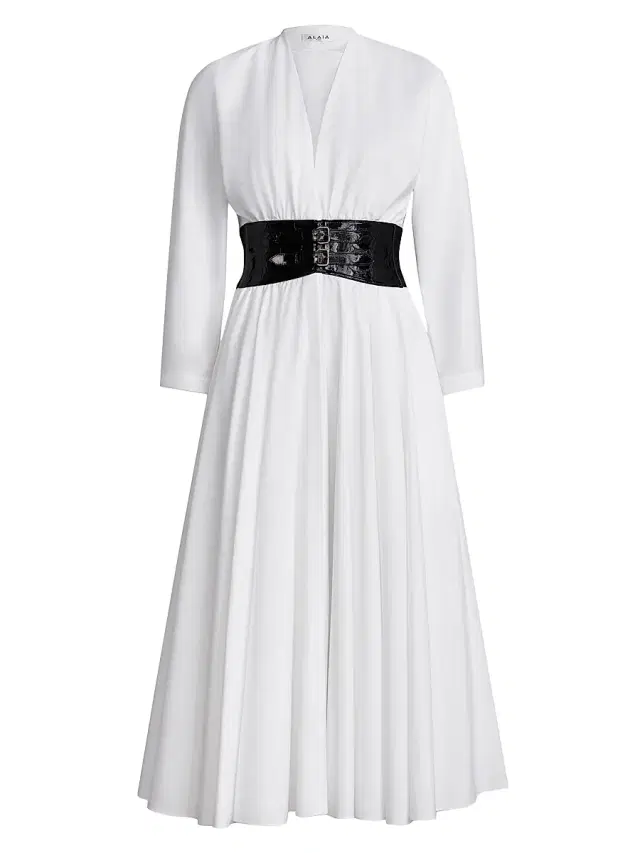 Women's Belted Long-Sleeve Cotton Midi-Dress - White