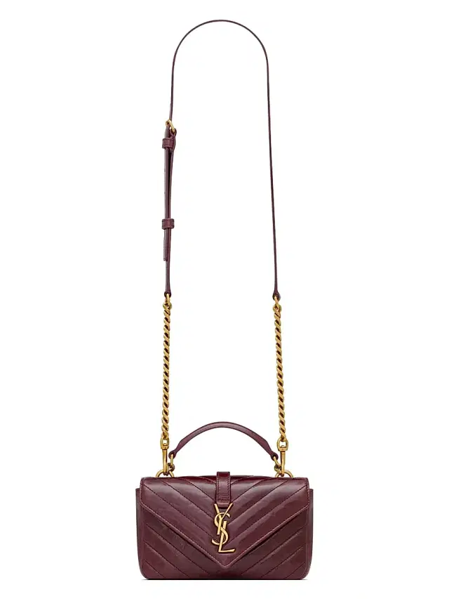 Saint Laurent Women's Mini College Chain Bag in Shiny Crackled Leather - Deep Hot Wine