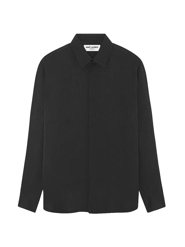 Men's Yves Collar Shirt In Matte And Shiny Shagreen Silk - Black