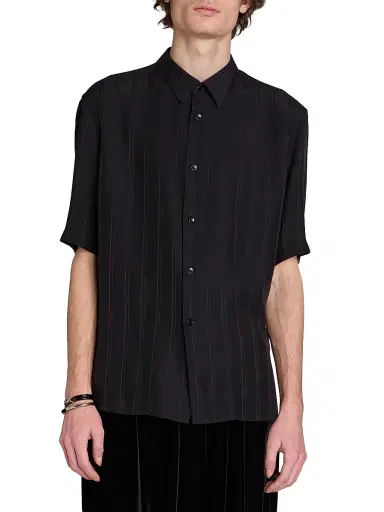 Saint Laurent Men's Shirt in Matte and Shiny Cassandre Striped Silk - Black | Thumbnail 6 Saint Laurent Men's Shirt in Matte and Shiny Cassandre Striped Silk - Black | Thumbnail 6