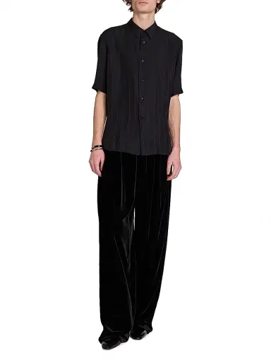 Saint Laurent Men's Shirt in Matte and Shiny Cassandre Striped Silk - Black | Thumbnail 7 Saint Laurent Men's Shirt in Matte and Shiny Cassandre Striped Silk - Black | Thumbnail 7