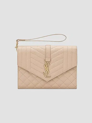 Saint Laurent Women's Envelope Flap Pouch In Mix Matelassé Grain De Poudre Embossed Leather - Dark Beige | Thumbnail 6