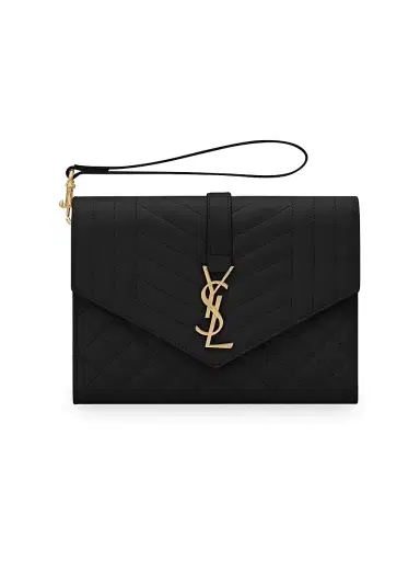 Saint Laurent Women's Envelope Flap Pouch In Mix Matelassé Grain De Poudre Embossed Leather - Dark Beige | Thumbnail 1