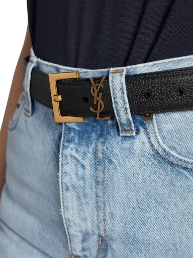 Saint Laurent Women's Cassandre Belt with Square Buckle in Grained Leather - Nero - Size 28 | Thumbnail 2