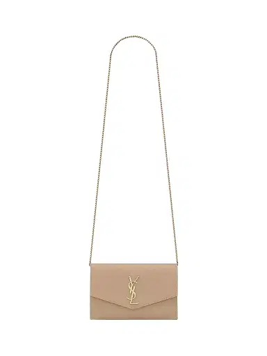 Saint Laurent Women's Uptown Chain Wallet in Grain De Poudre Embossed Leather - Dark Beige | Thumbnail 1 Saint Laurent Women's Uptown Chain Wallet in Grain De Poudre Embossed Leather - Dark Beige | Thumbnail 1