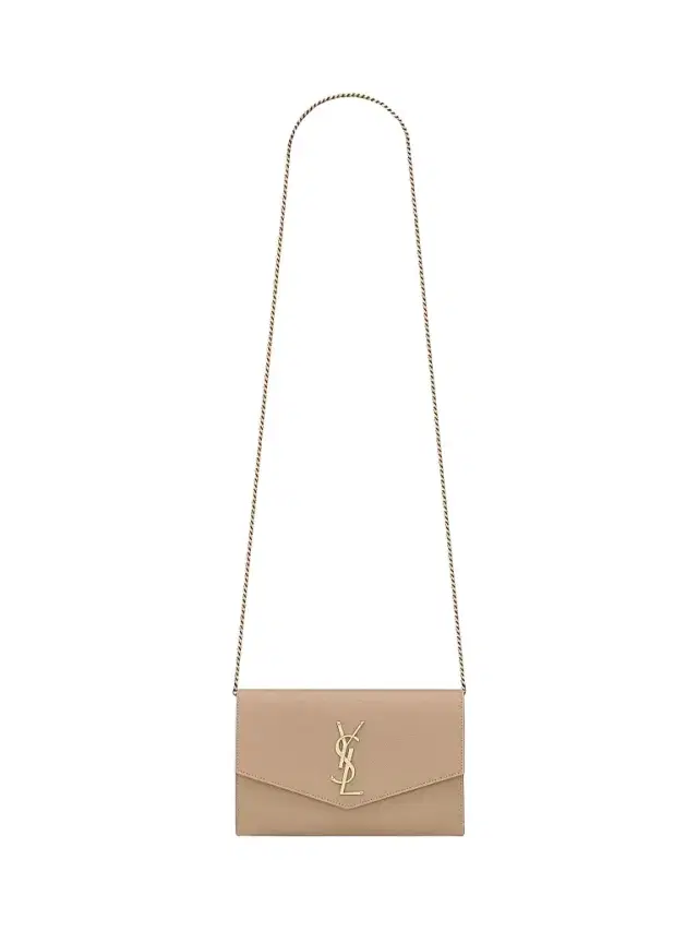Saint Laurent Women's Uptown Chain Wallet in Grain De Poudre Embossed Leather - Dark Beige