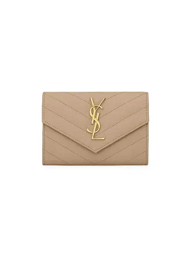 Saint Laurent Women's Cassandre Matelass Small Envelope Wallet in Grain de Poudre Embossed Leather - Dark Beige | Thumbnail 1 Saint Laurent Women's Cassandre Matelass Small Envelope Wallet in Grain de Poudre Embossed Leather - Dark Beige | Thumbnail 1