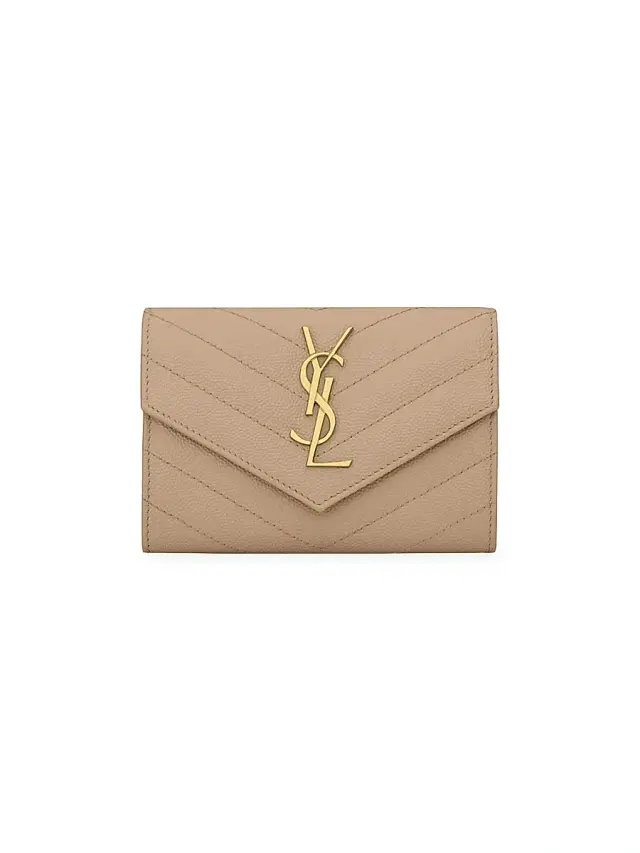 Saint Laurent Women's Cassandre Matelass  Envelope Wallet in Grain de Poudre Embossed Leather - Dark Beige