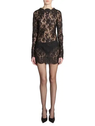 Saint Laurent Women's Long-Sleeve Dress in Chantilly Lace - Black | Thumbnail 3