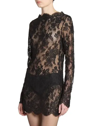 Saint Laurent Women's Long-Sleeve Dress in Chantilly Lace - Black | Thumbnail 4