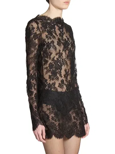 Saint Laurent Women's Long-Sleeve Dress in Chantilly Lace - Black | Thumbnail 5