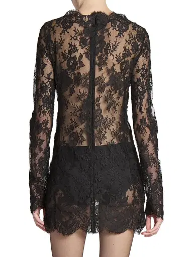 Saint Laurent Women's Long-Sleeve Dress in Chantilly Lace - Black | Thumbnail 6