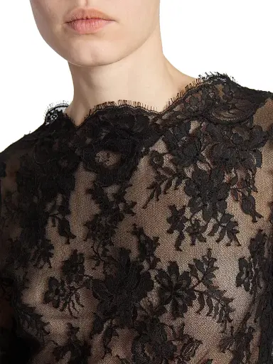 Saint Laurent Women's Long-Sleeve Dress in Chantilly Lace - Black | Thumbnail 7