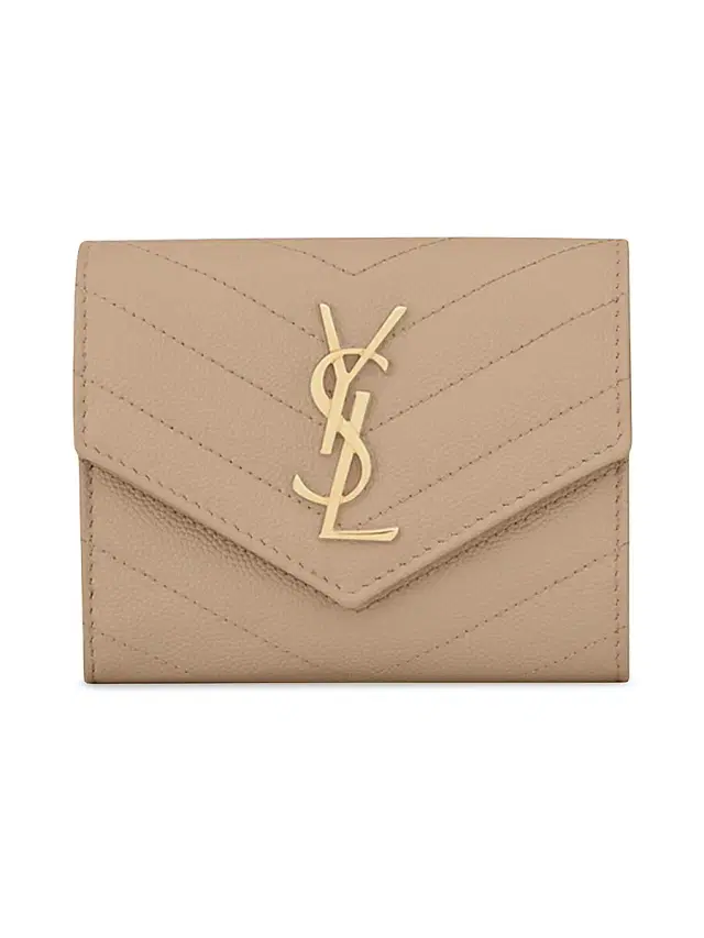 Saint Laurent Women's Cassandre Matelassé Compact Tri Fold Wallet In Grain De Poudre Embossed Leather - Dark Beige